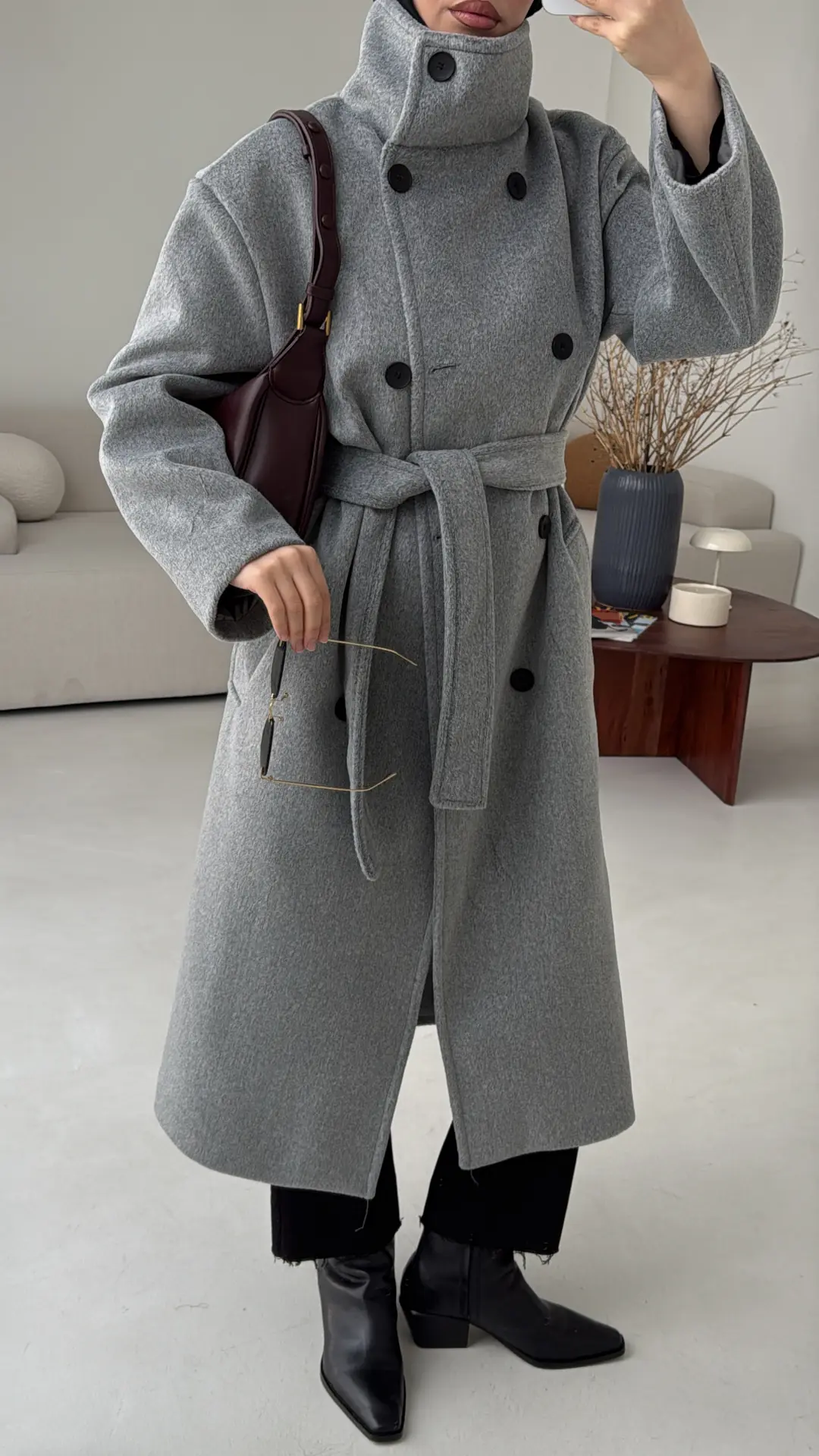 Siyah Düğmeli Yakalı Kaban Gri - Görsel 5