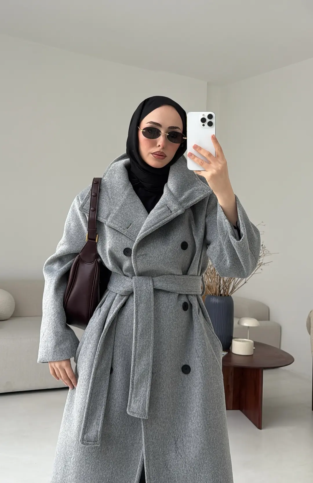 Siyah Düğmeli Yakalı Kaban Gri - Görsel 6