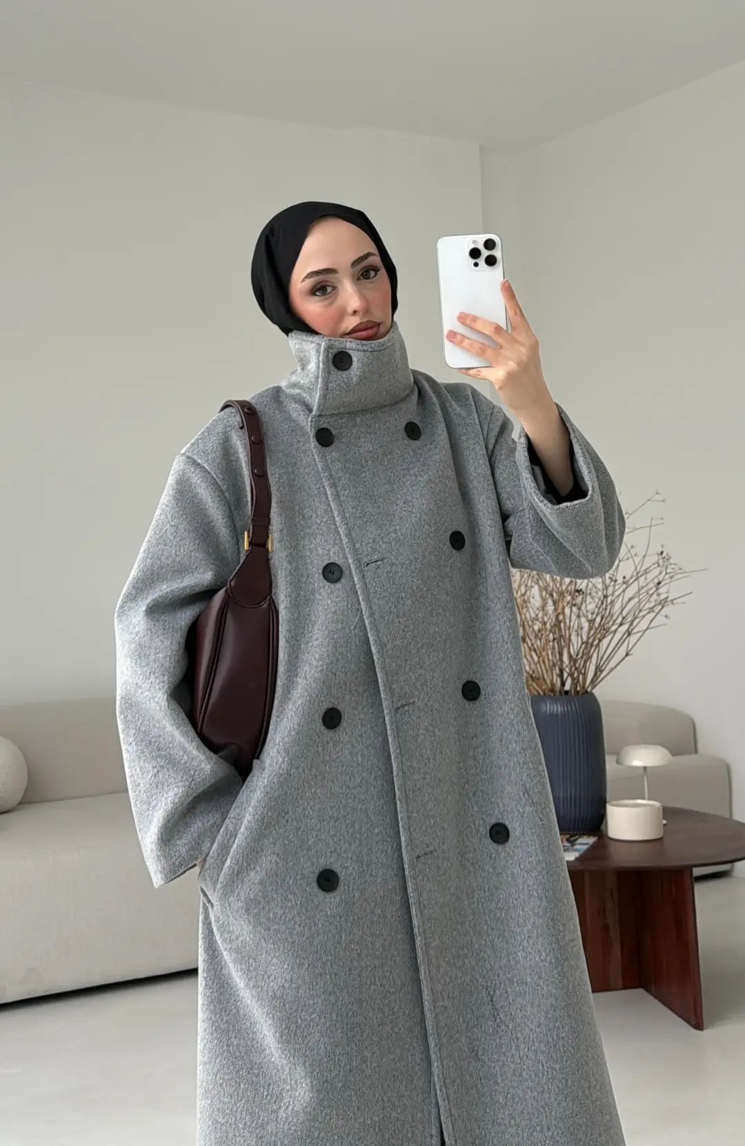 Siyah Düğmeli Yakalı Kaban Gri - Görsel 7