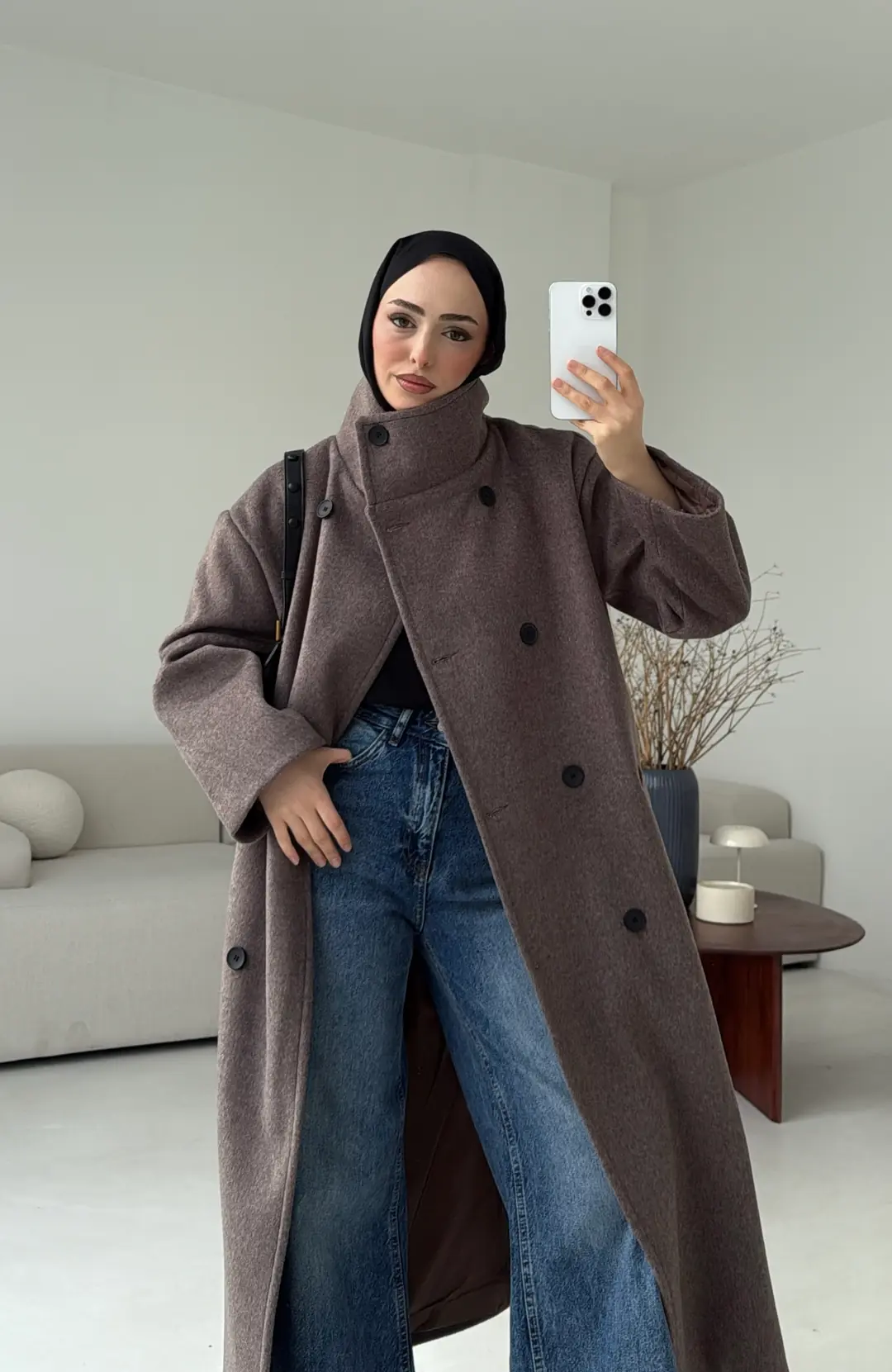 Siyah Düğmeli Yakalı Kaban Koyu Kahve - Görsel 2