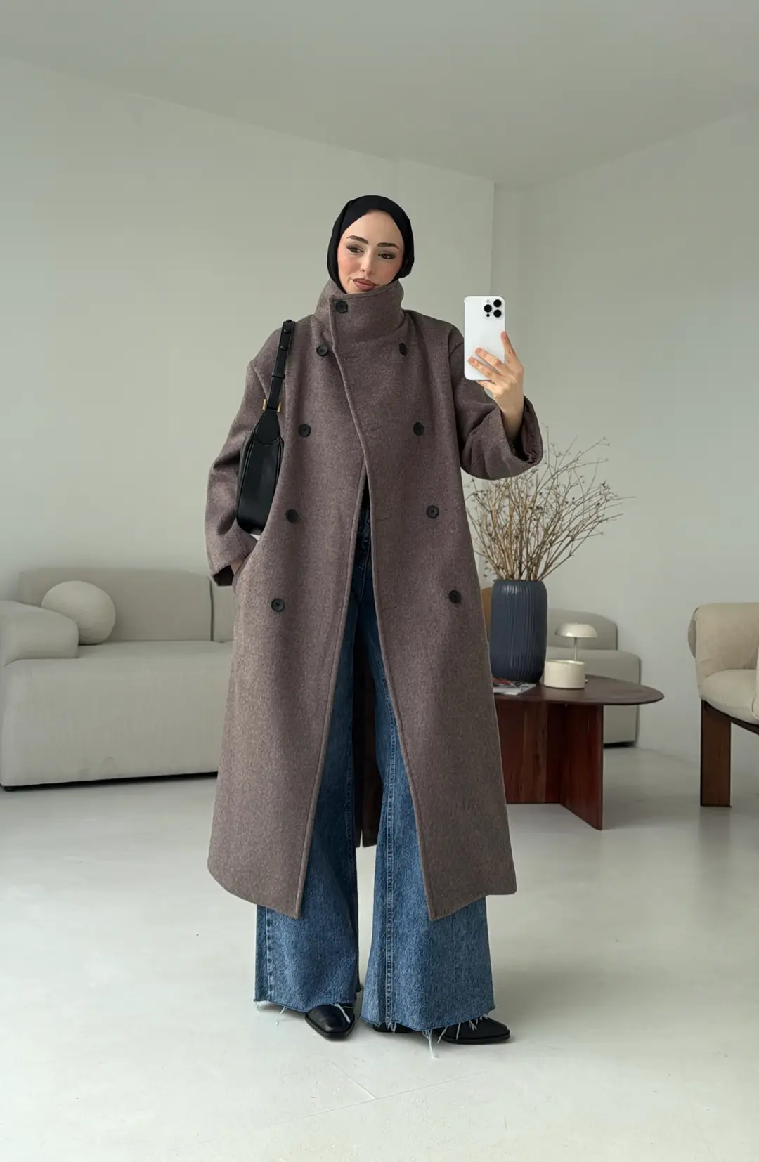 Siyah Düğmeli Yakalı Kaban Koyu Kahve - Görsel 3