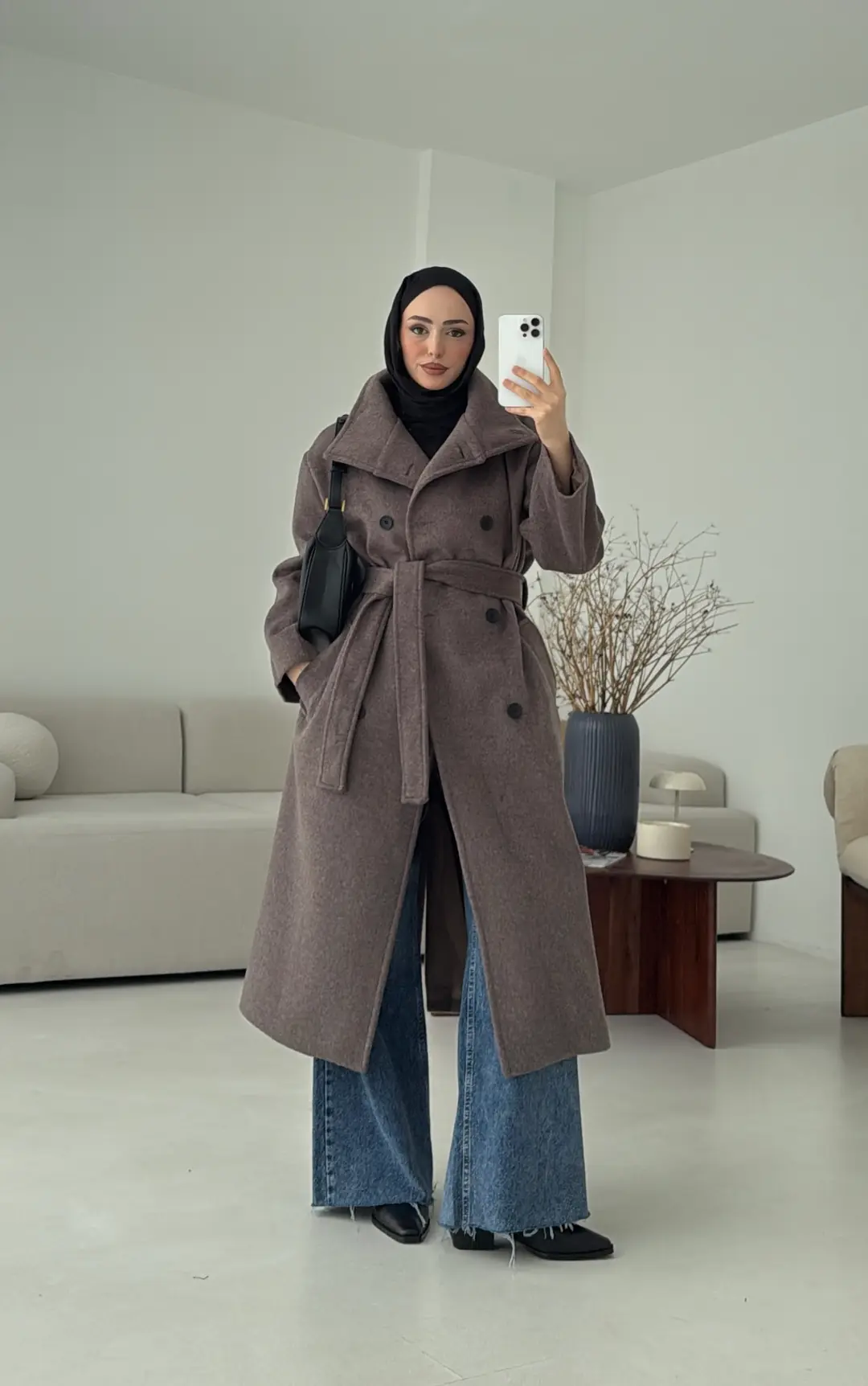 Siyah Düğmeli Yakalı Kaban Koyu Kahve - Görsel 5