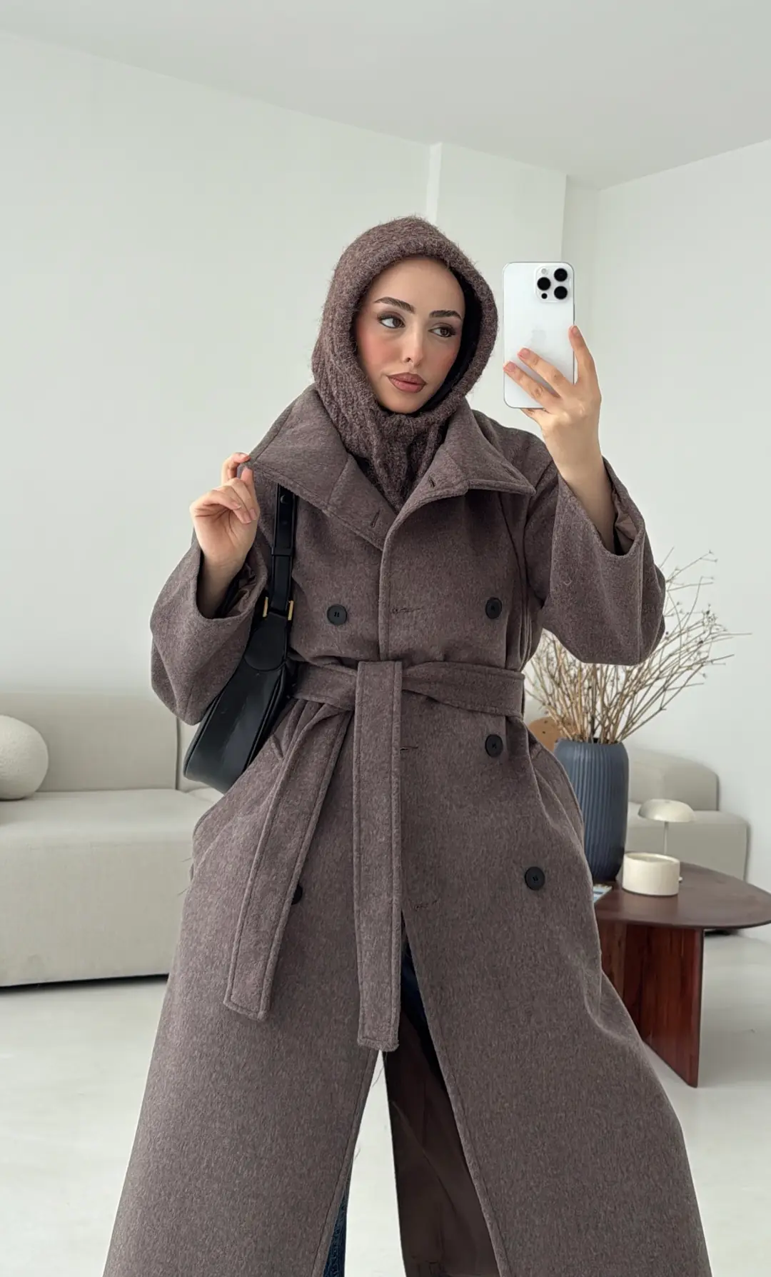 Siyah Düğmeli Yakalı Kaban Koyu Kahve - Görsel 6