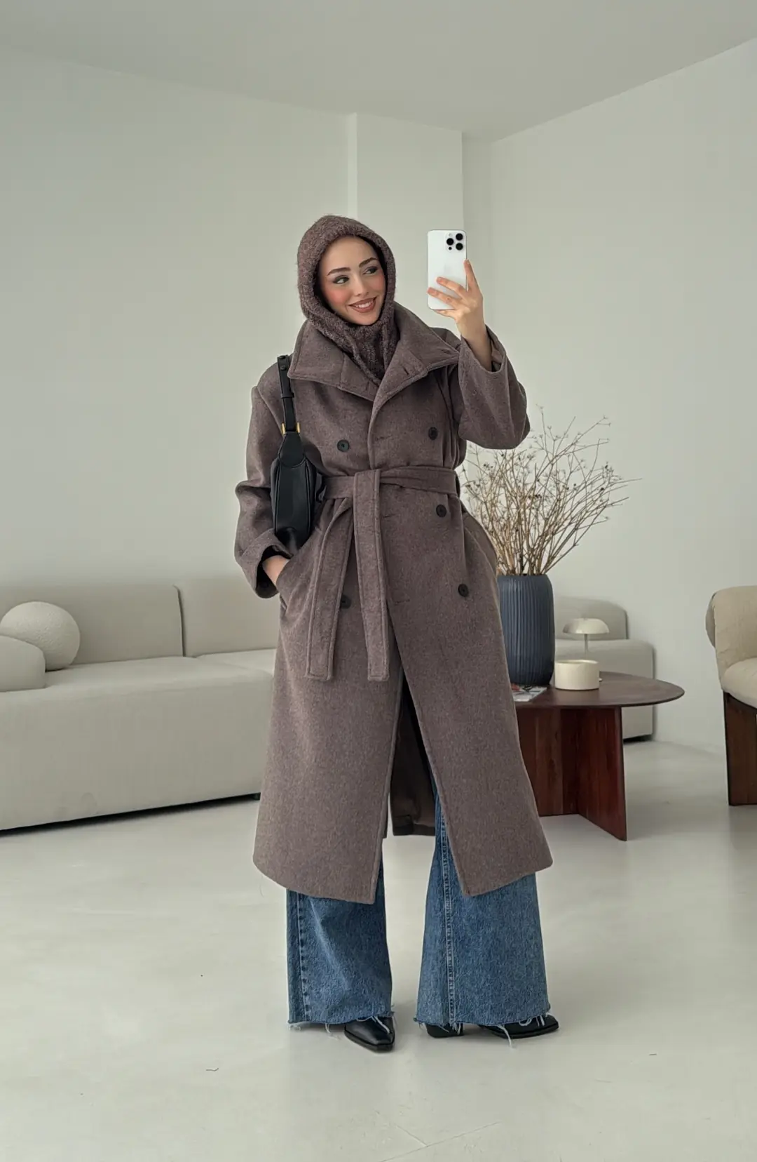 Siyah Düğmeli Yakalı Kaban Koyu Kahve - Görsel 8