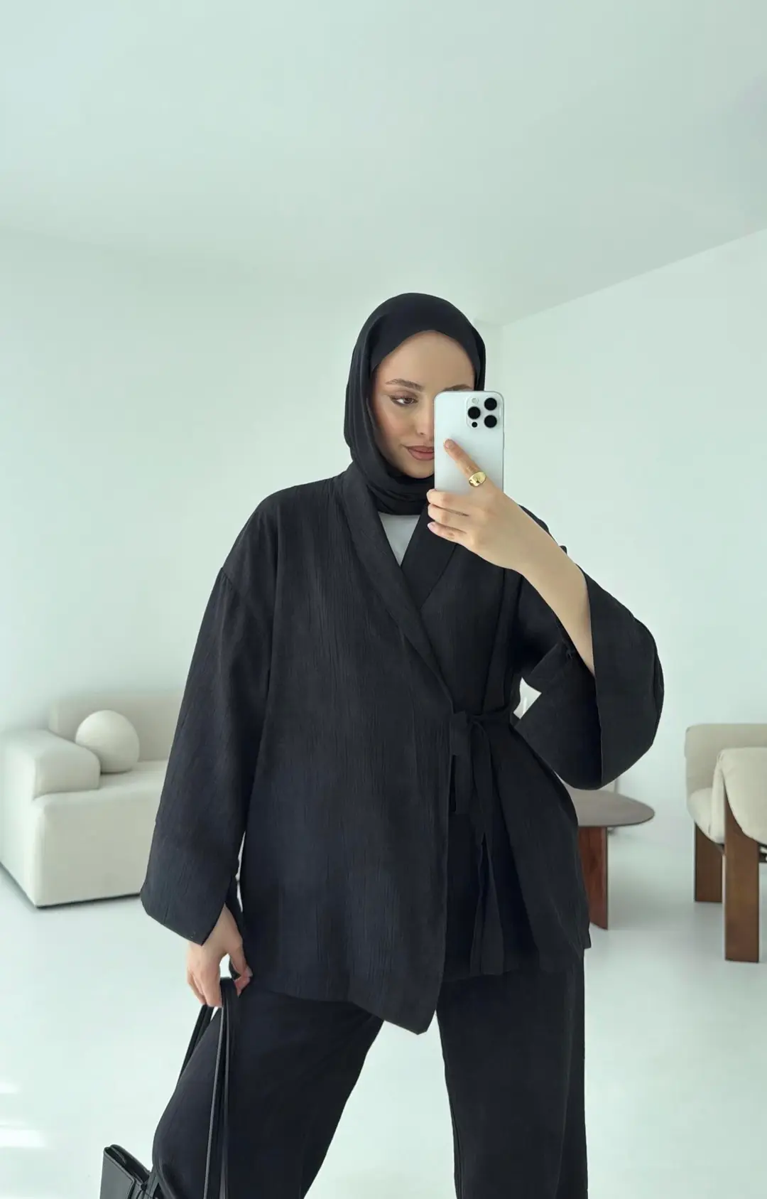 Siyah Yandan Baglamalı Kimono Takım - Görsel 2