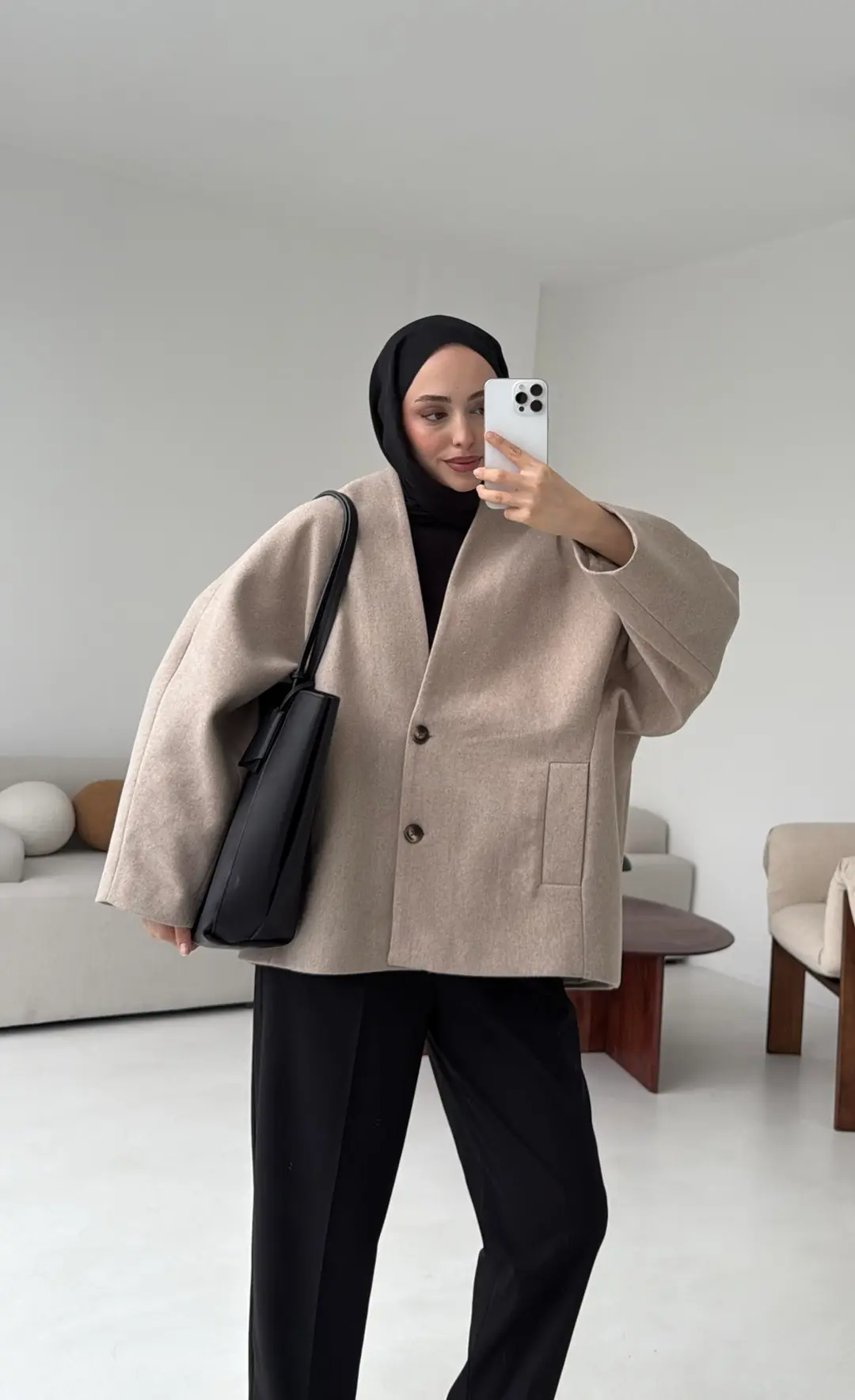 Soft Oversize Kaşe Kaban Bej - Görsel 3