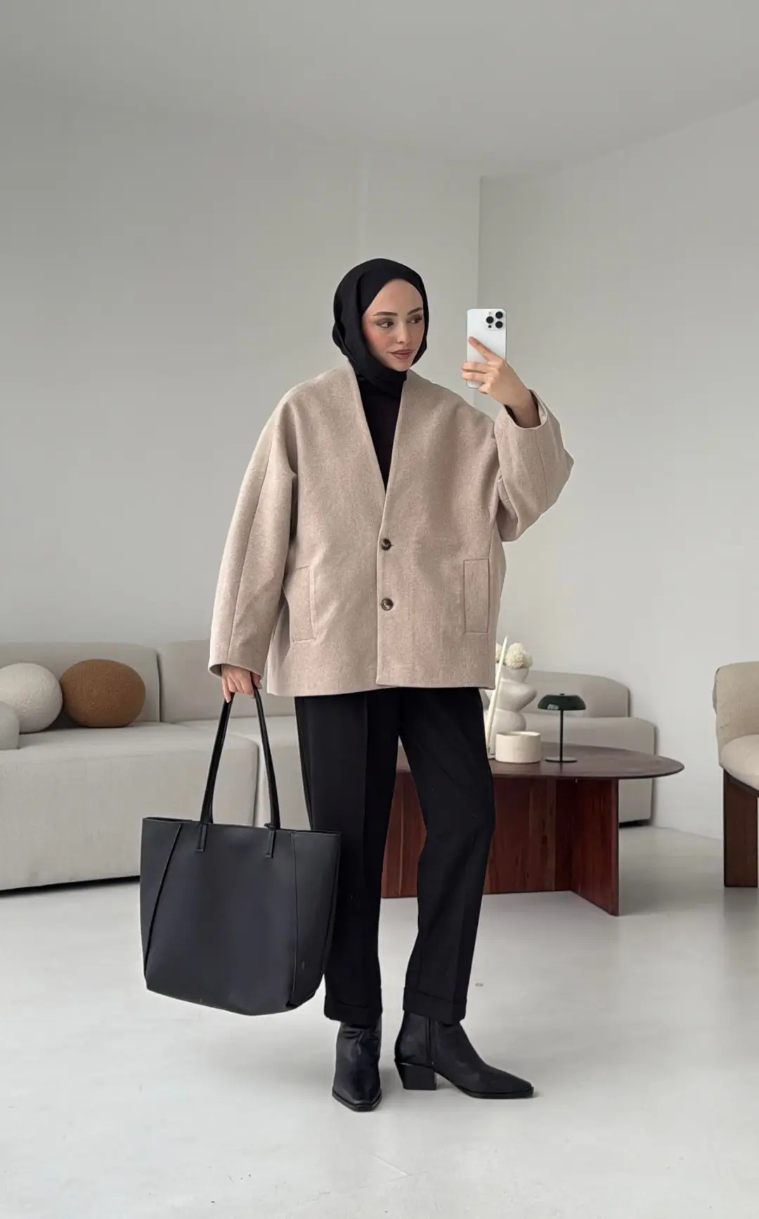 Soft Oversize Kaşe Kaban Bej - Görsel 4