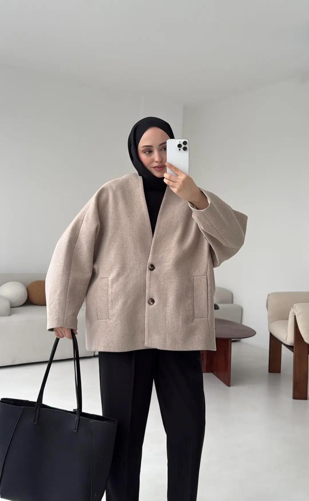 Soft Oversize Kaşe Kaban Bej - Görsel 6