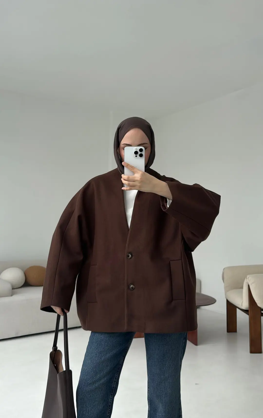 Soft Oversize Kaşe Kaban Kahve - Görsel 10