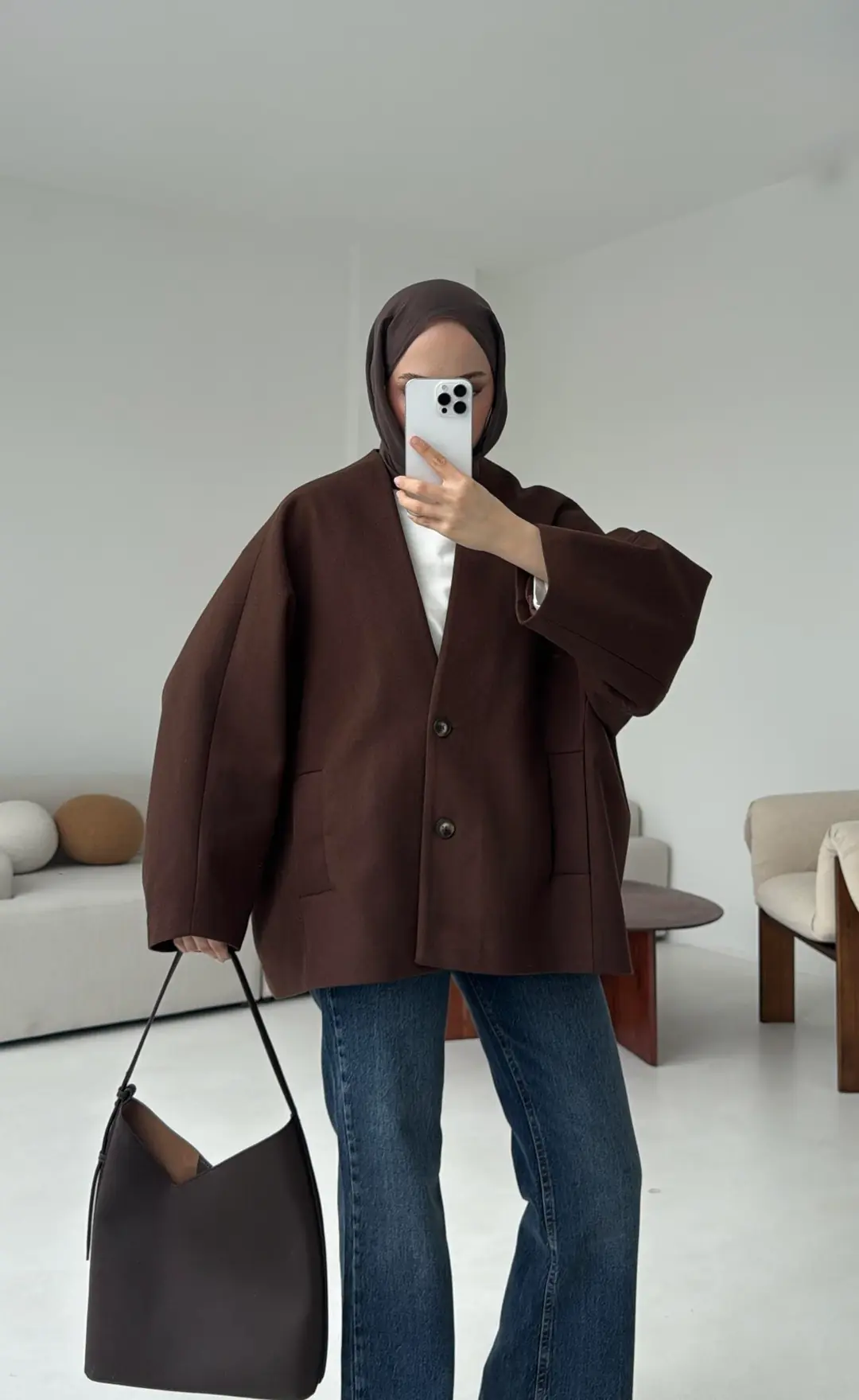 Soft Oversize Kaşe Kaban Kahve - Görsel 2