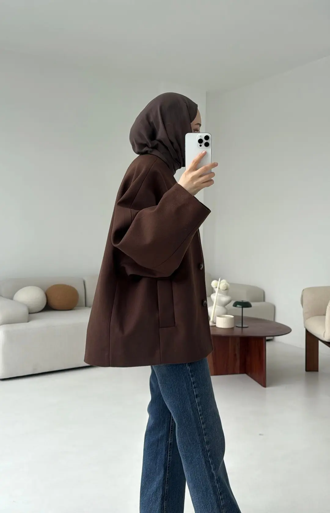 Soft Oversize Kaşe Kaban Kahve - Görsel 4