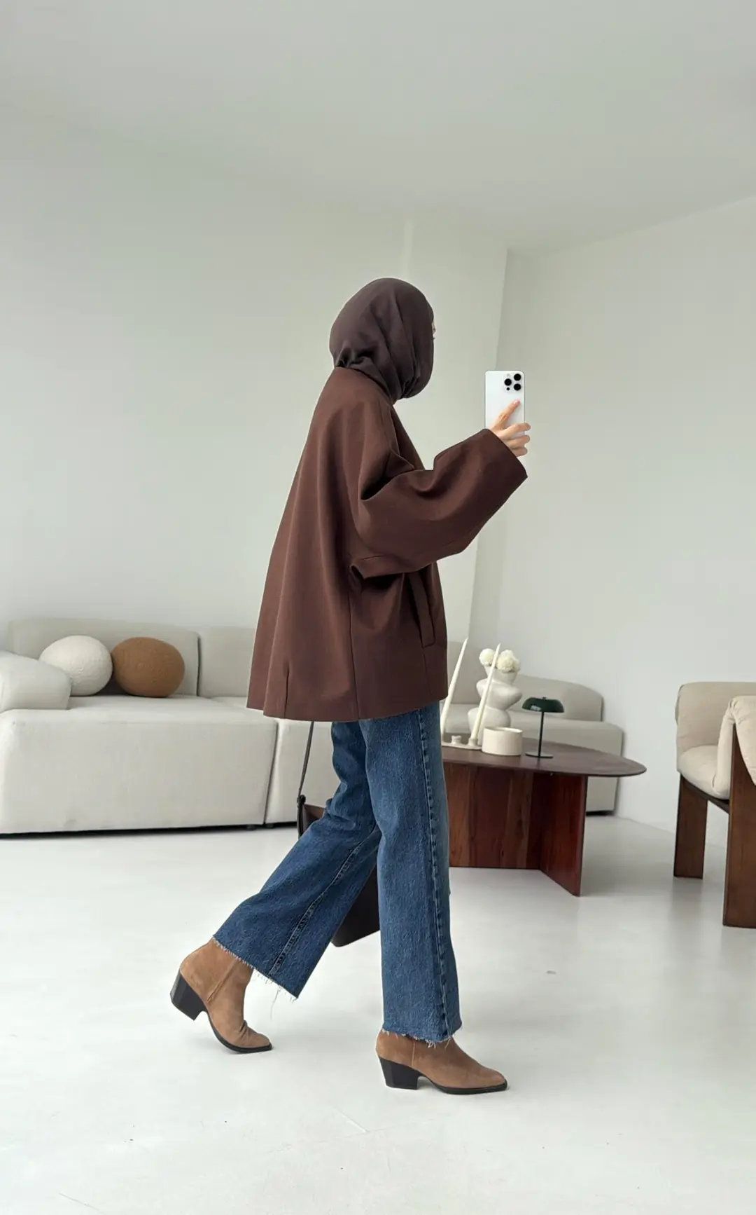 Soft Oversize Kaşe Kaban Kahve - Görsel 7