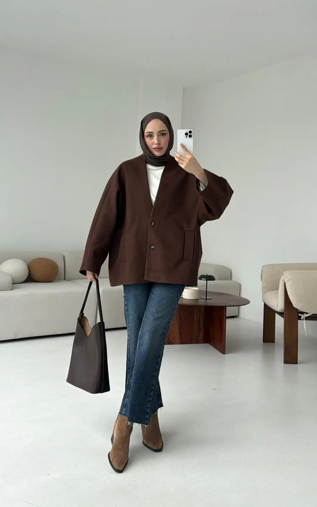 Soft Oversize Kaşe Kaban Kahve - Görsel 8