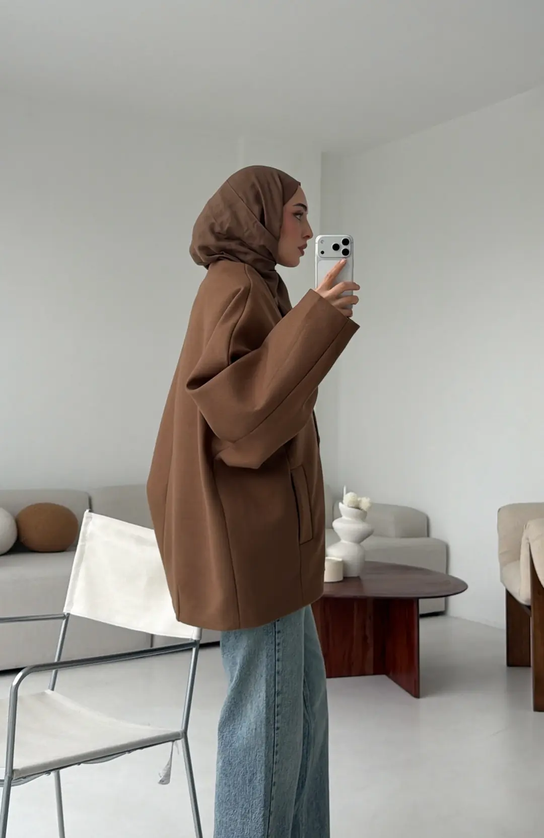 Soft Oversize Kaşe Kaban Kestane Kahve - Görsel 5