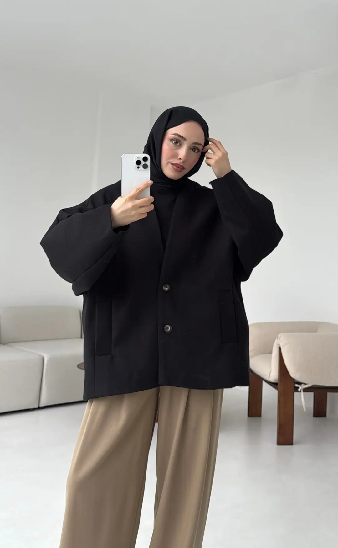 Soft Oversize Kaşe Kaban Siyah - Görsel 3
