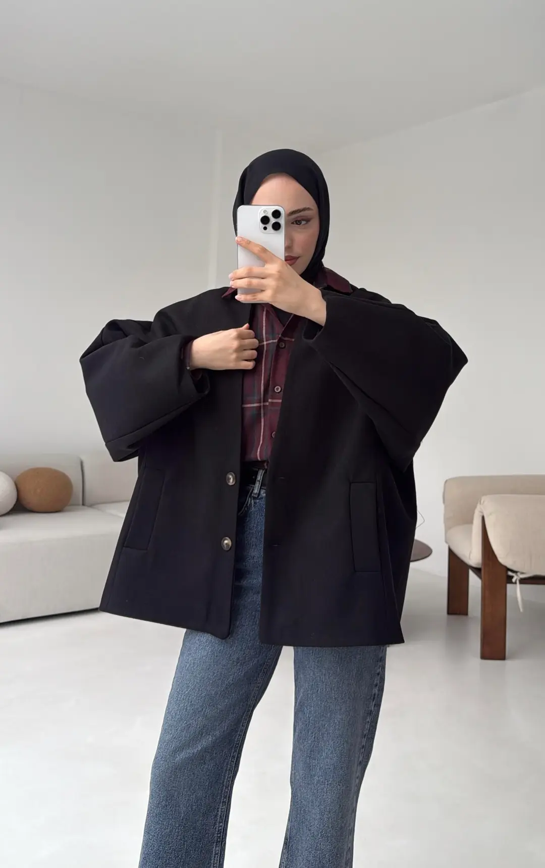 Soft Oversize Kaşe Kaban Siyah - Görsel 2