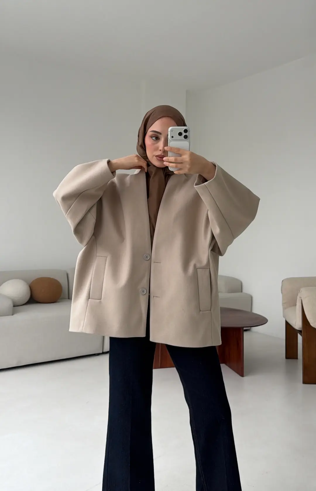 Soft Oversize Kaşe Kaban Taş - Görsel 7