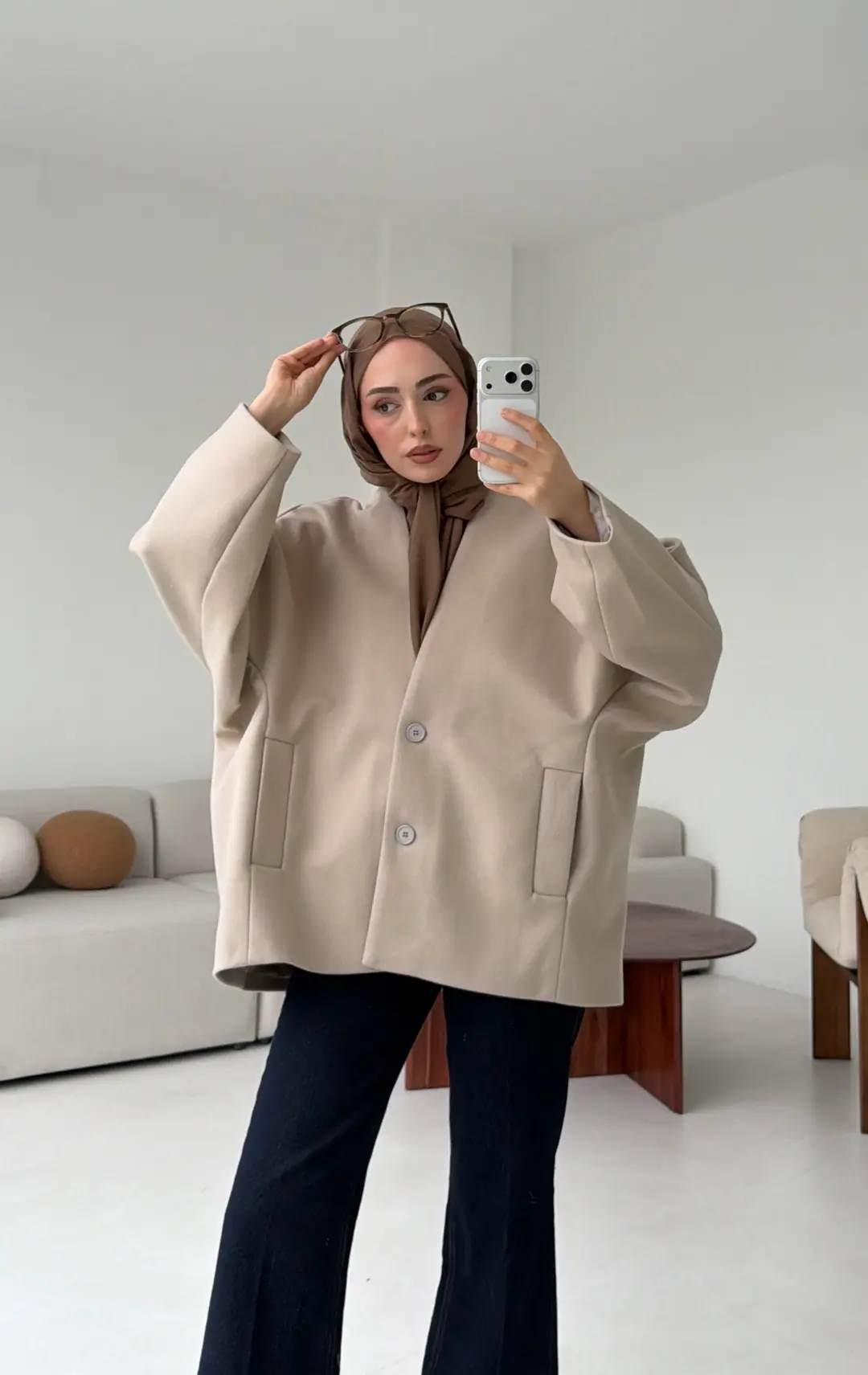 Soft Oversize Kaşe Kaban Taş - Görsel 8