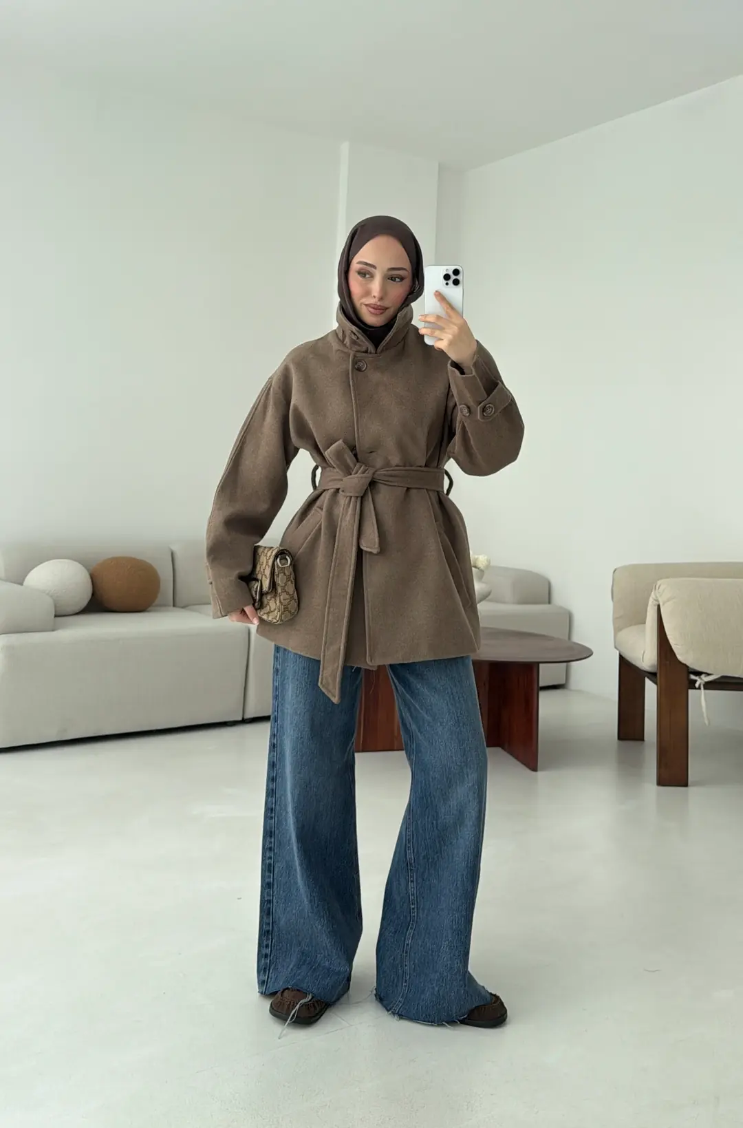 Sütlü Kahve Orta Boy Kaşe Kaban - Görsel 6