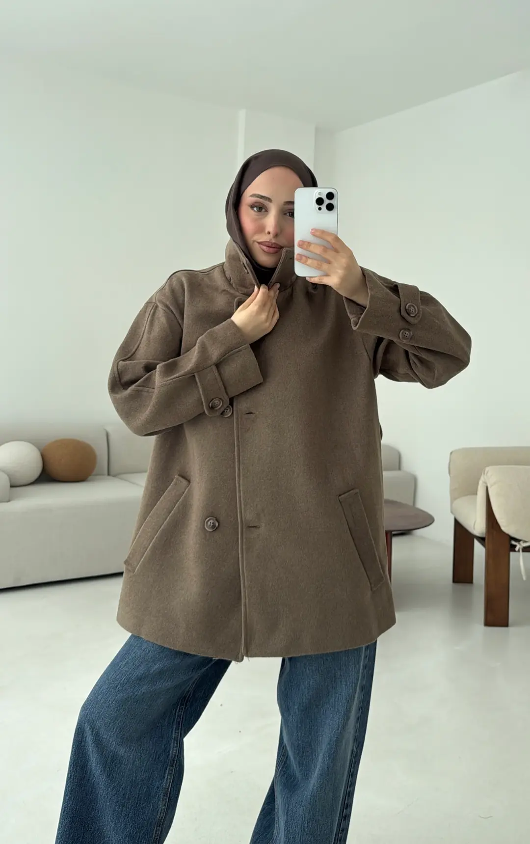 Sütlü Kahve Orta Boy Kaşe Kaban - Görsel 7