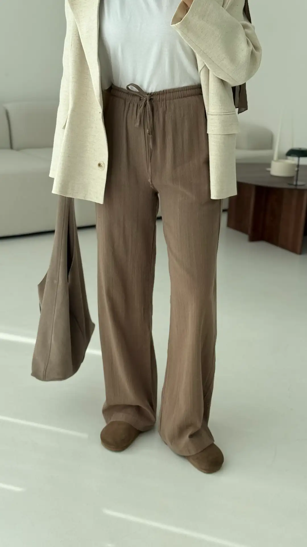 Tam Boy Keten Pantolon Kahve - Görsel 3