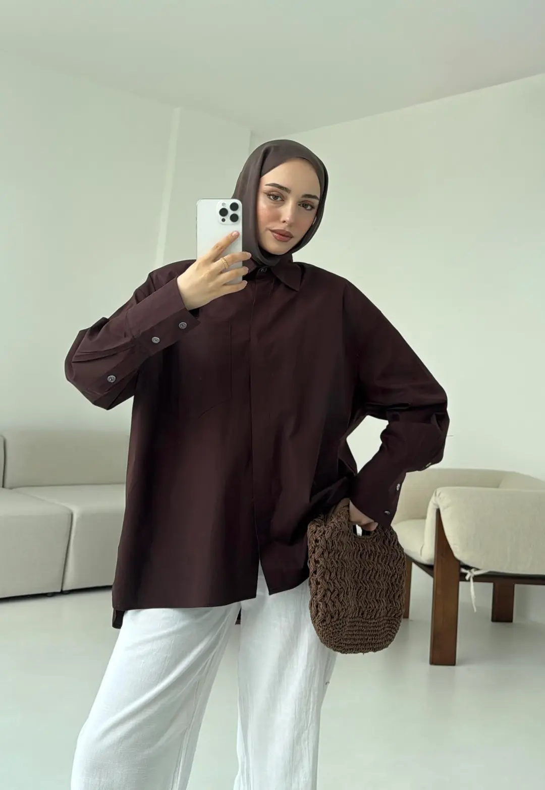 Tek Cepli Poplin Gömlek Acı Kahve