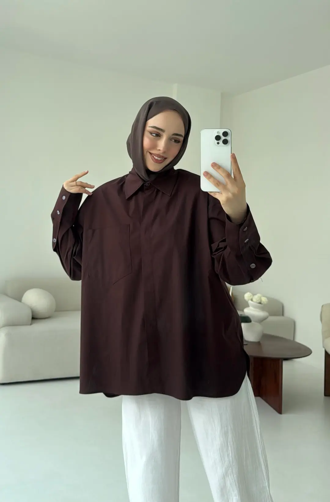 Tek Cepli Poplin Gömlek Acı Kahve - Görsel 2