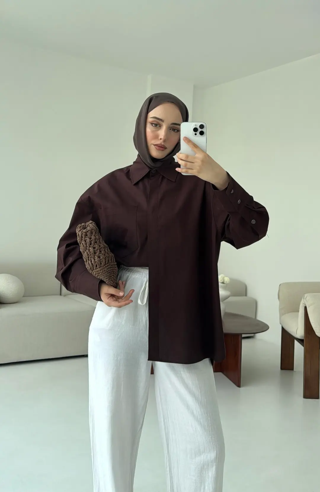 Tek Cepli Poplin Gömlek Acı Kahve - Görsel 4