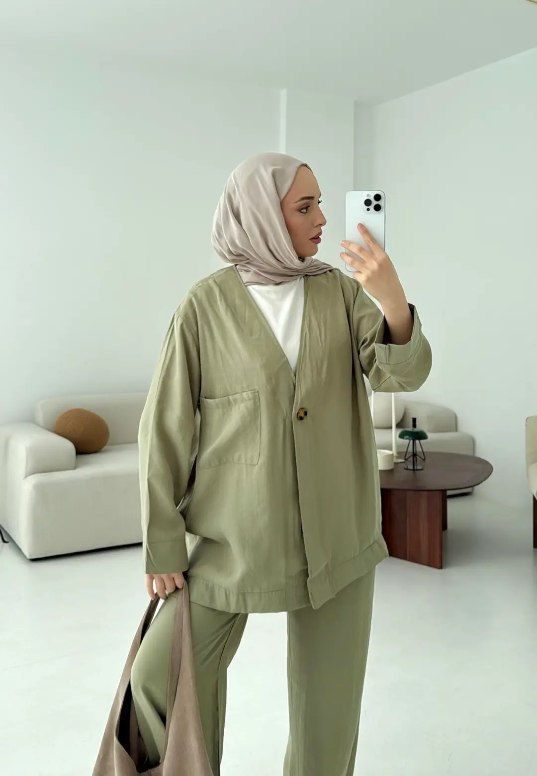 Tek Düğme Cepli Takım Açık Haki - Görsel 2