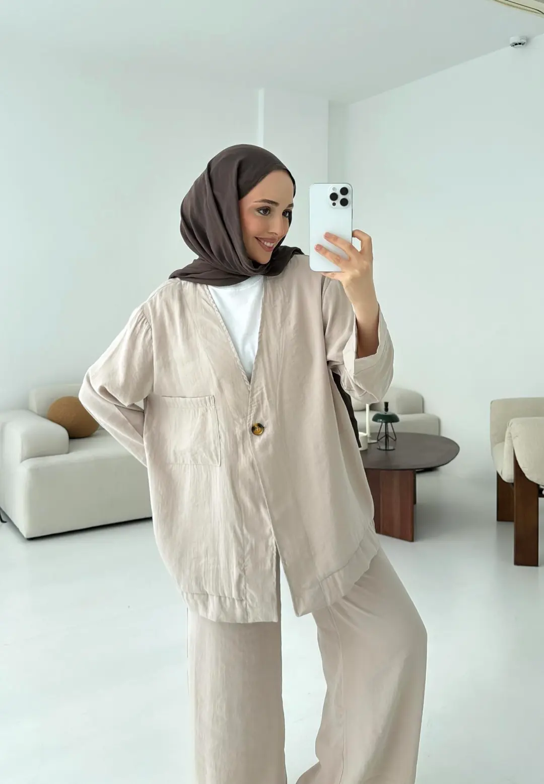 Tek Düğme Cepli Takım Bej