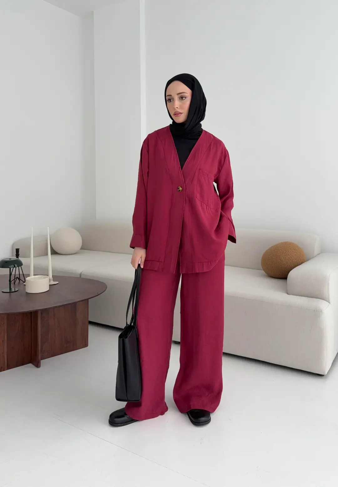 Tek Düğme Cepli Takım Bordo - Görsel 2