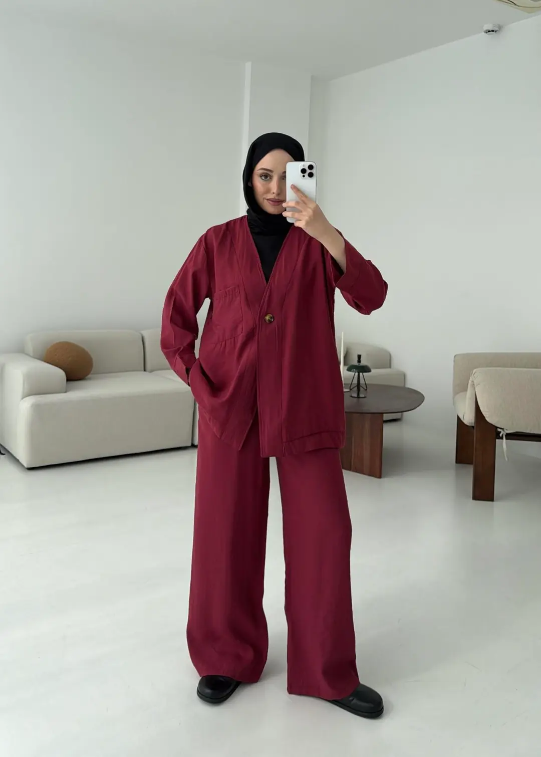 Tek Düğme Cepli Takım Bordo - Görsel 5