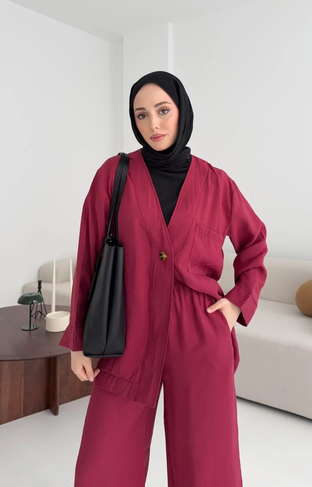 Tek Düğme Cepli Takım Bordo - Görsel 6