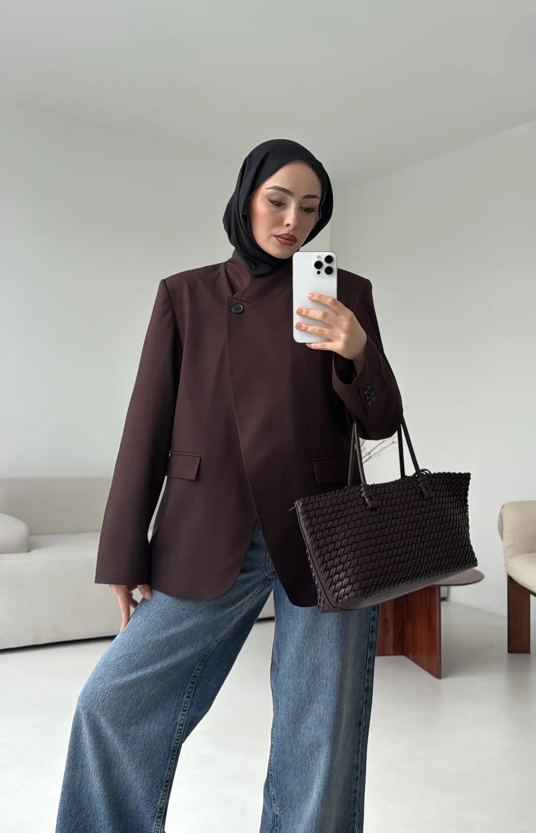 Tek Düğmeli Hakim Yaka Ceket Kahve - Görsel 2