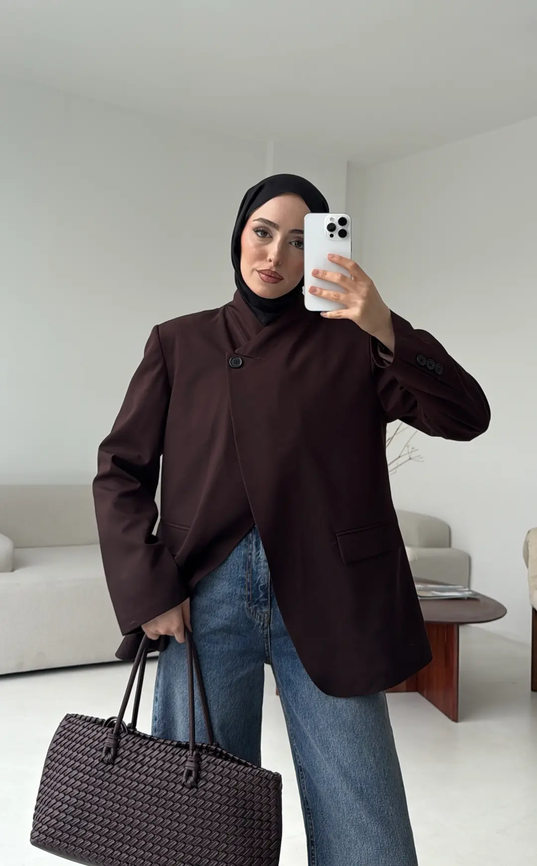 Tek Düğmeli Hakim Yaka Ceket Kahve - Görsel 4