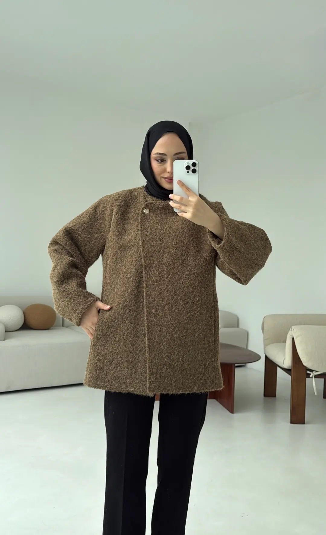 Tek Dügmeli Keçe Kaban Haki - Görsel 2