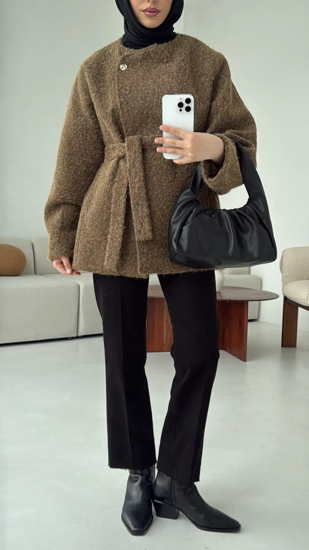 Tek Dügmeli Keçe Kaban Haki - Görsel 3