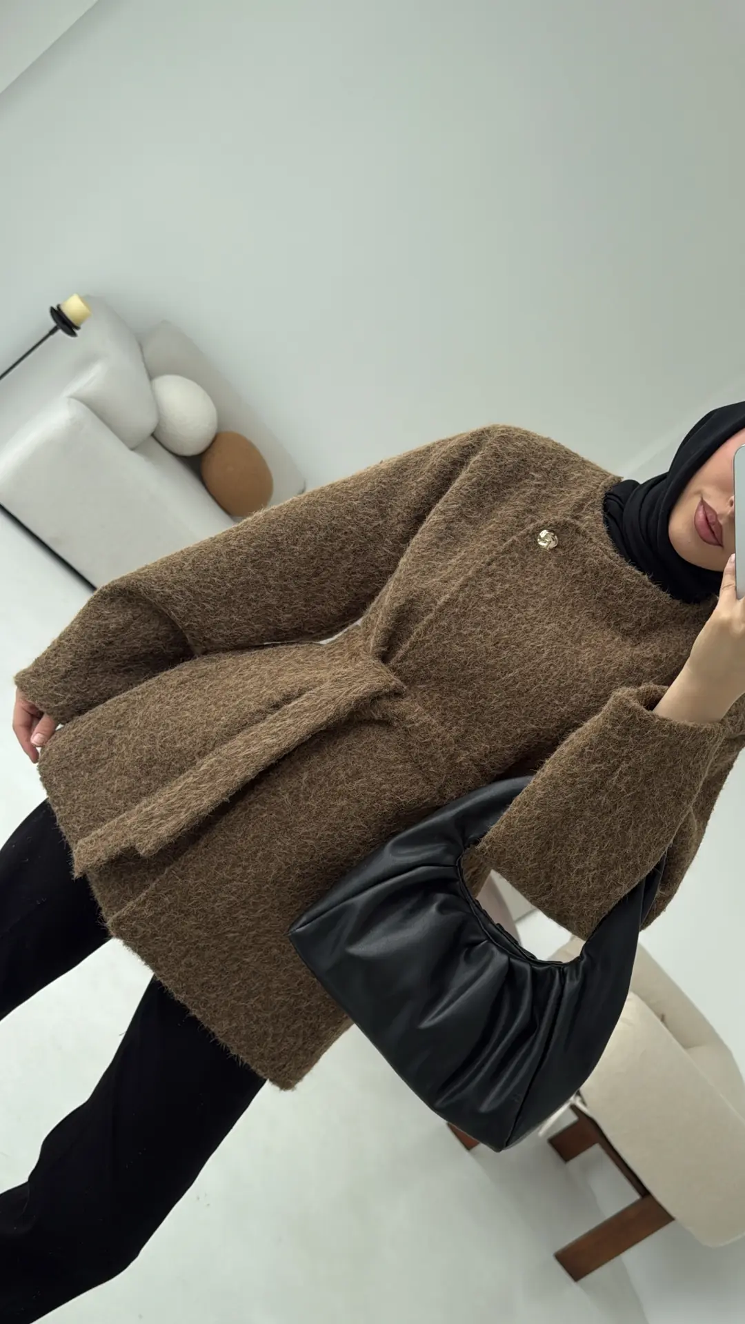 Tek Dügmeli Keçe Kaban Haki - Görsel 6