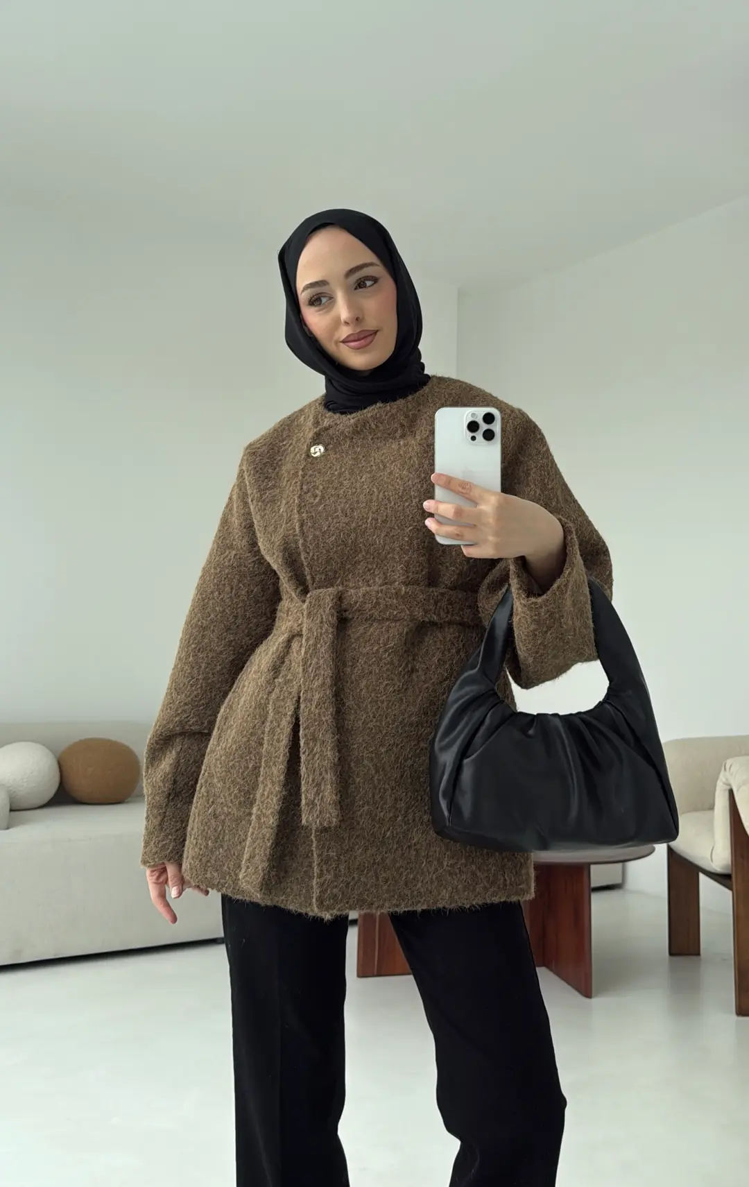 Tek Dügmeli Keçe Kaban Haki - Görsel 8