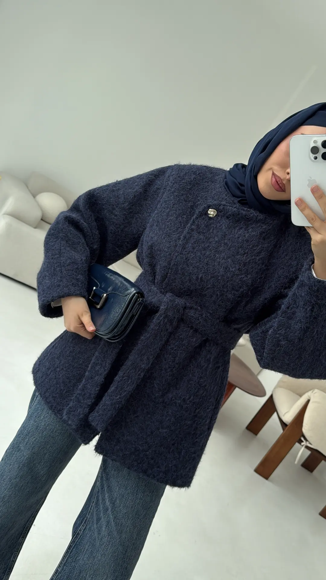 Tek Dügmeli Keçe Kaban Lacivert - Görsel 2