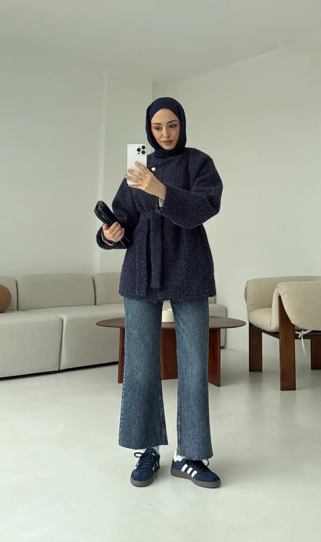 Tek Dügmeli Keçe Kaban Lacivert - Görsel 4