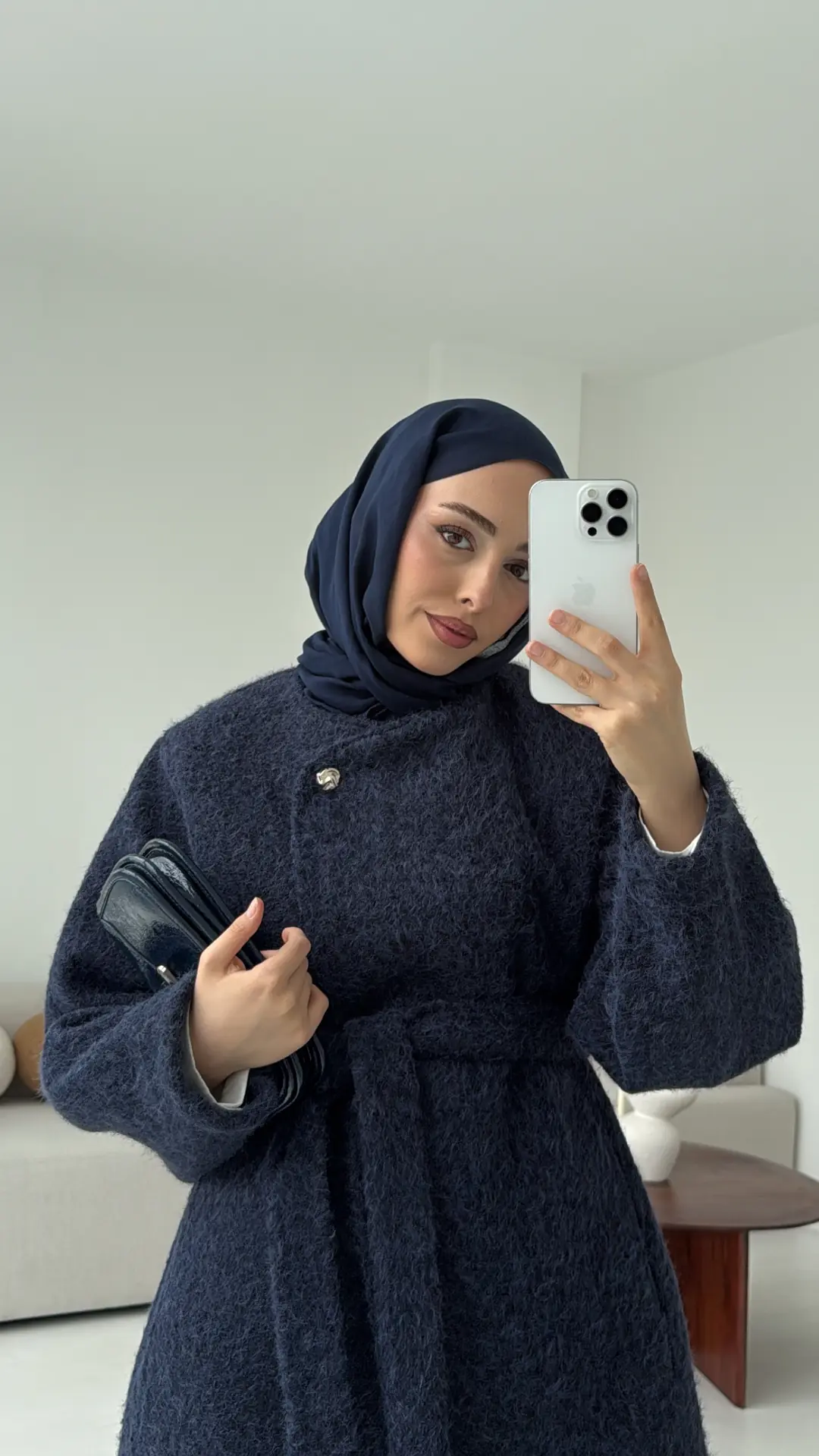 Tek Dügmeli Keçe Kaban Lacivert - Görsel 5