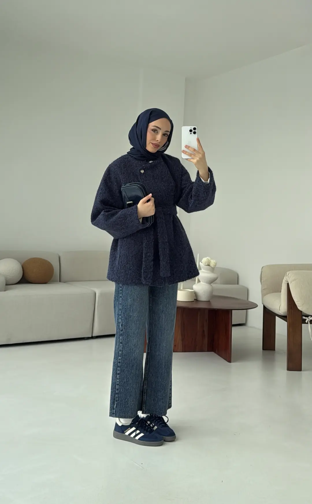 Tek Dügmeli Keçe Kaban Lacivert - Görsel 6