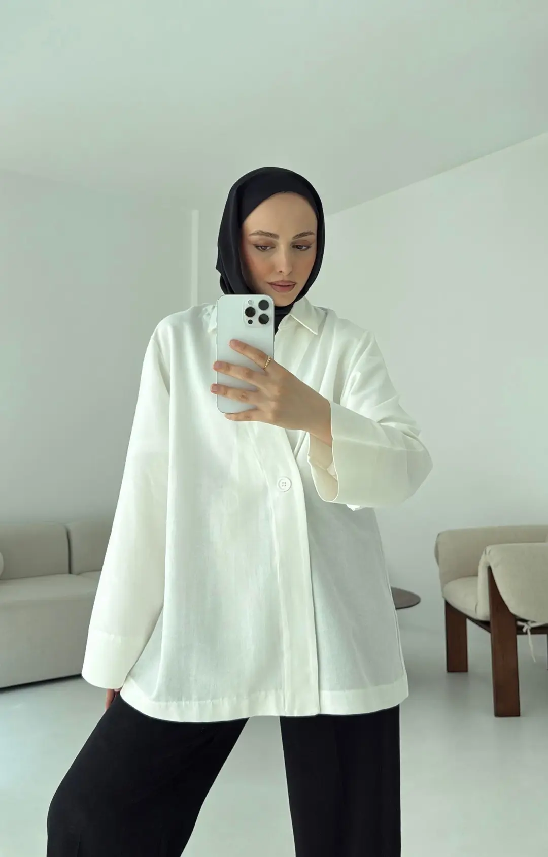 Tek Düğmeli Pamuk Keten Ceket Beyaz - Görsel 2