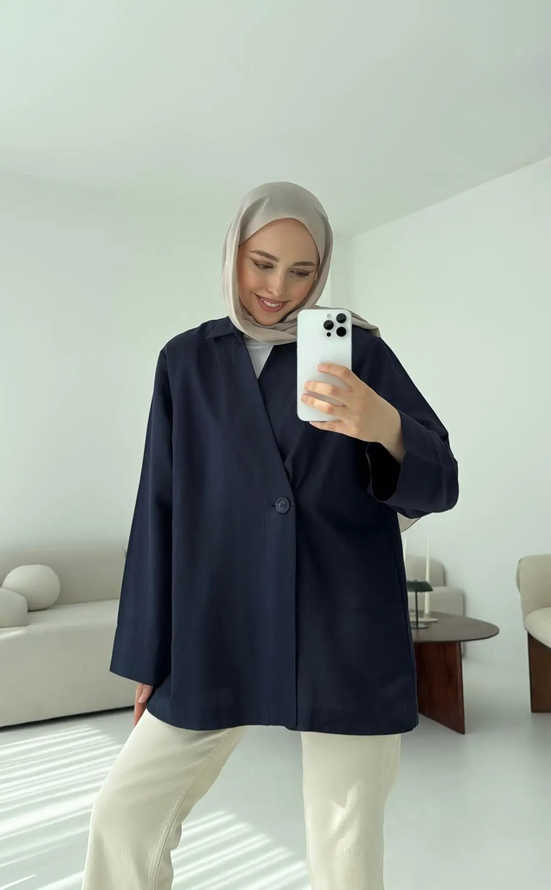 Tek Düğmeli Pamuk Keten Ceket Lacivert