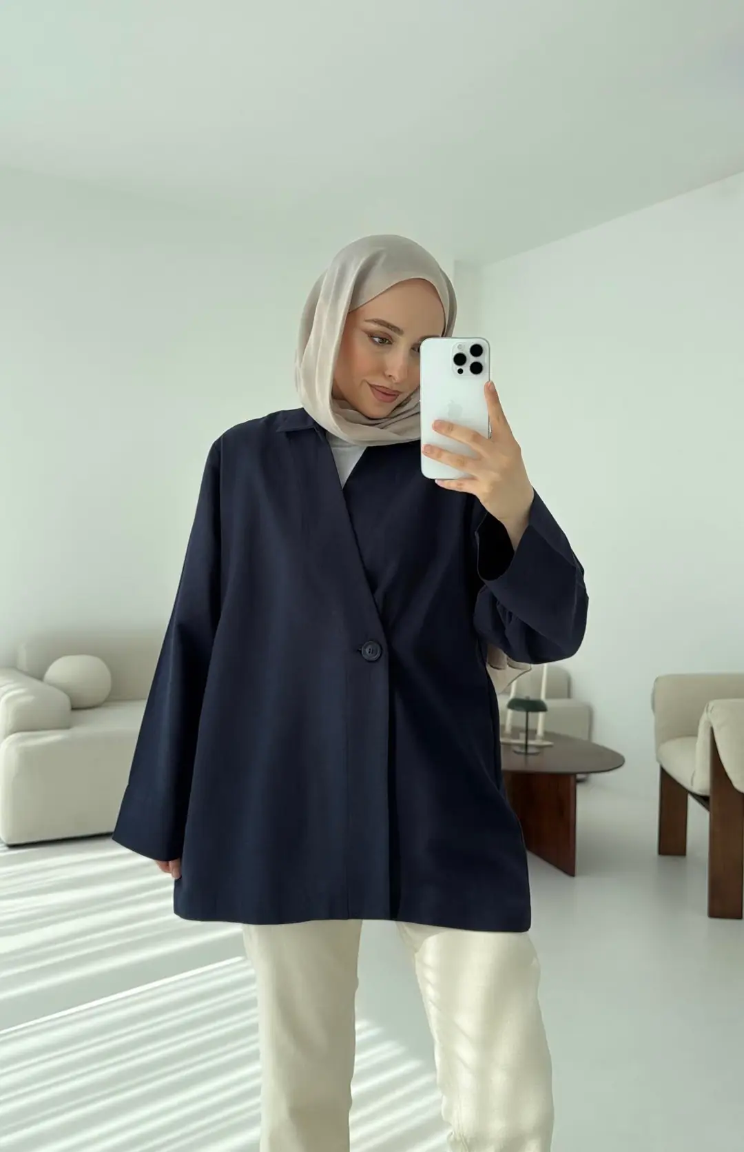 Tek Düğmeli Pamuk Keten Ceket Lacivert - Görsel 2