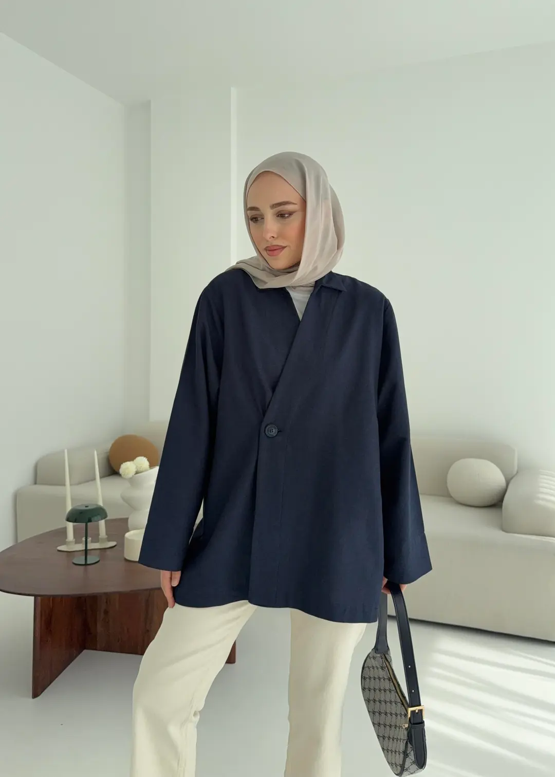 Tek Düğmeli Pamuk Keten Ceket Lacivert - Görsel 3