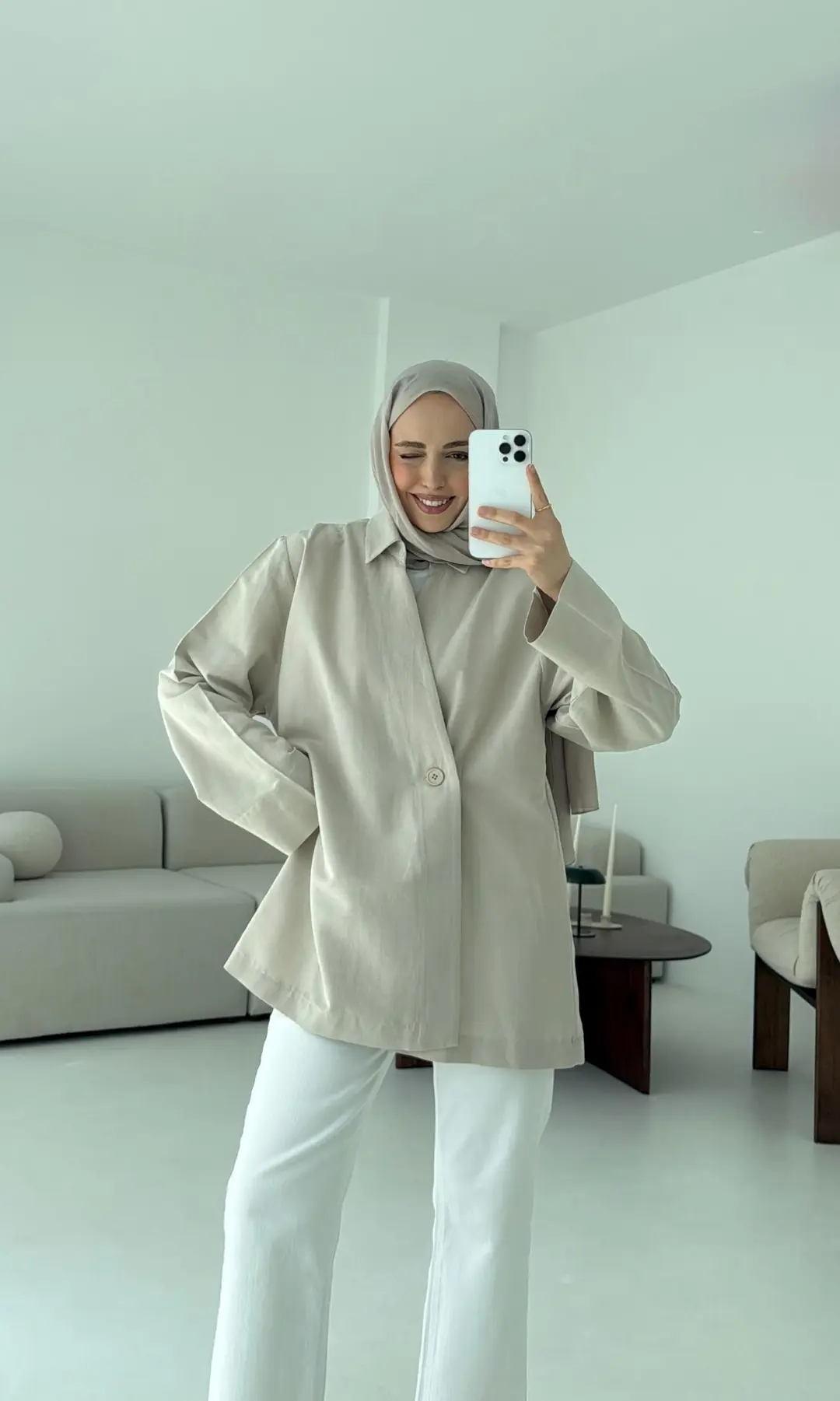 Tek Düğmeli Pamuk Keten Ceket Taş - Görsel 4