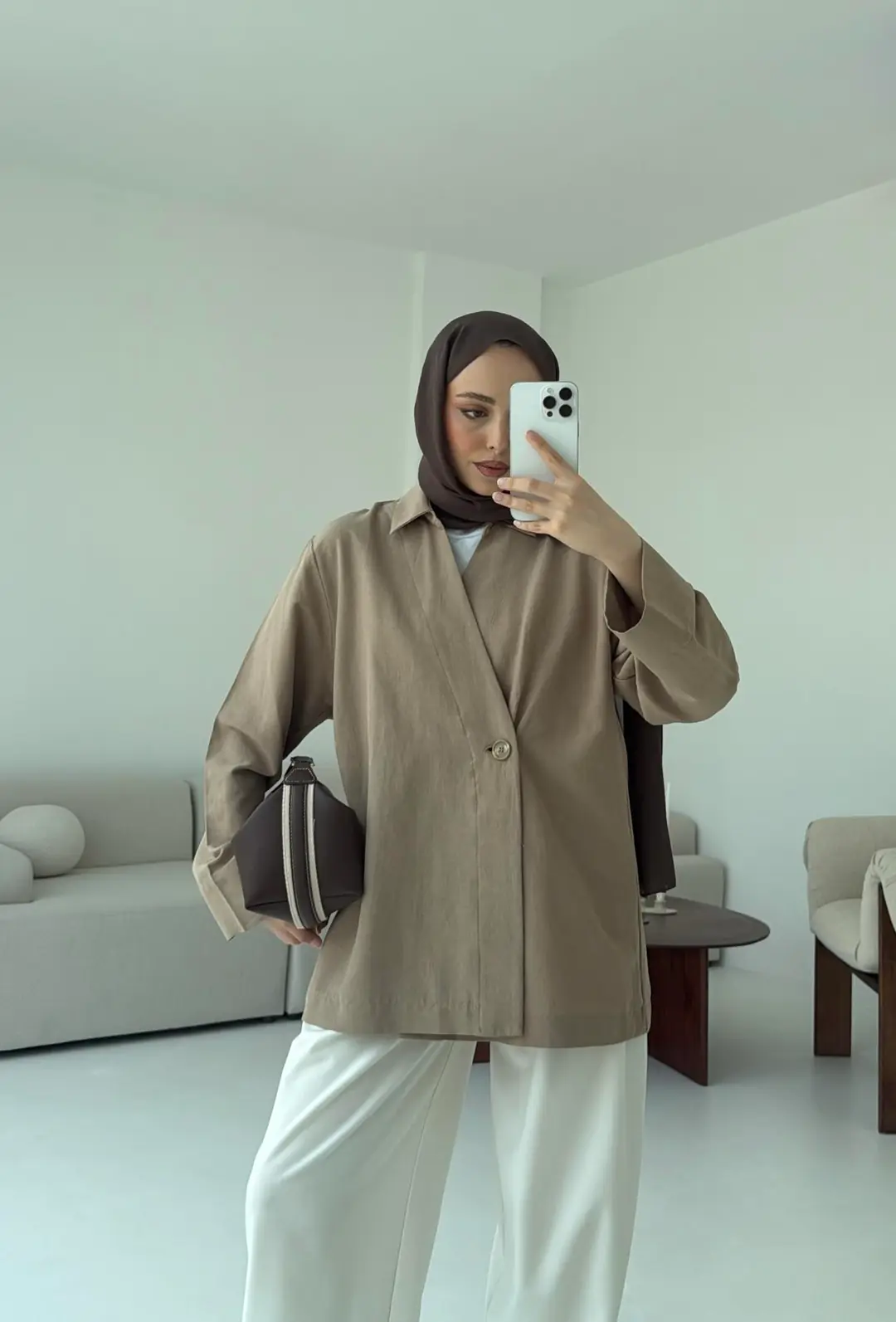 Tek Düğmeli Pamuk Keten Ceket  Vizon - Görsel 5