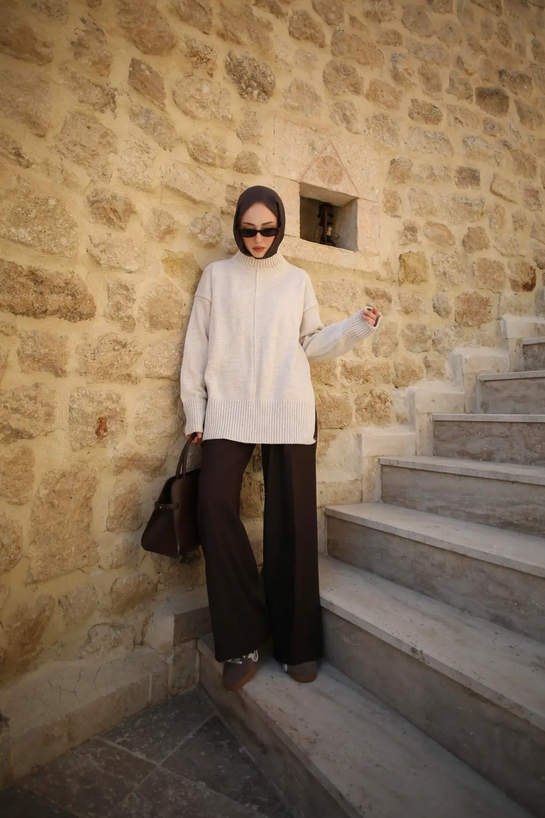 Tek Yaka Triko Kazak Bej